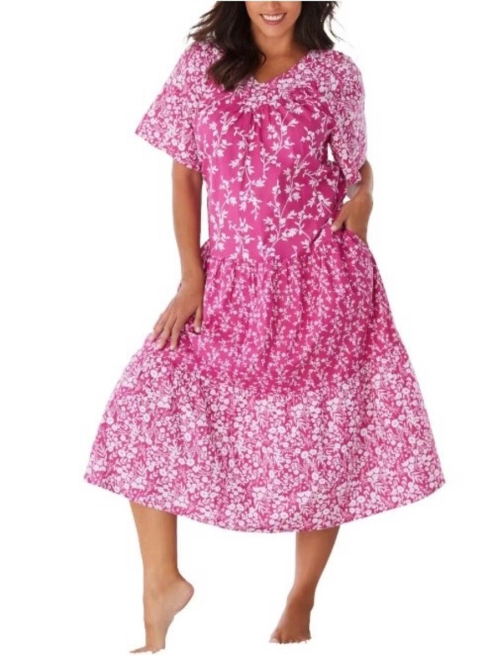 Only Necessities Pink Floral Tiered Casual Dress cotton
